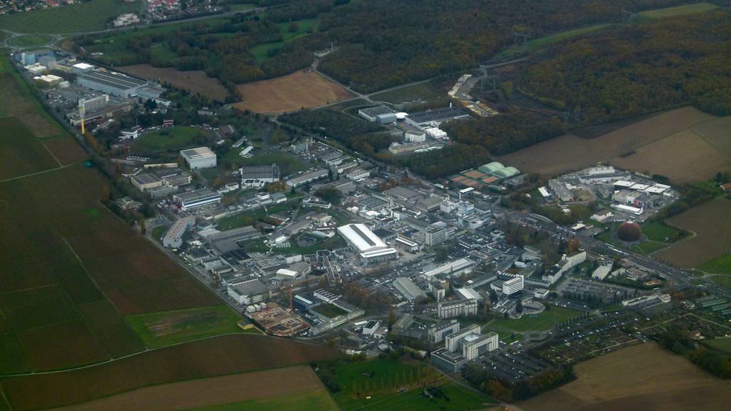 Aerial photograph of CERN facilities on the border between France and Switzerland.