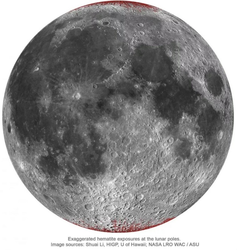 Areas of the Moon (in red) where hematite has been found. Via University of Hawaii.