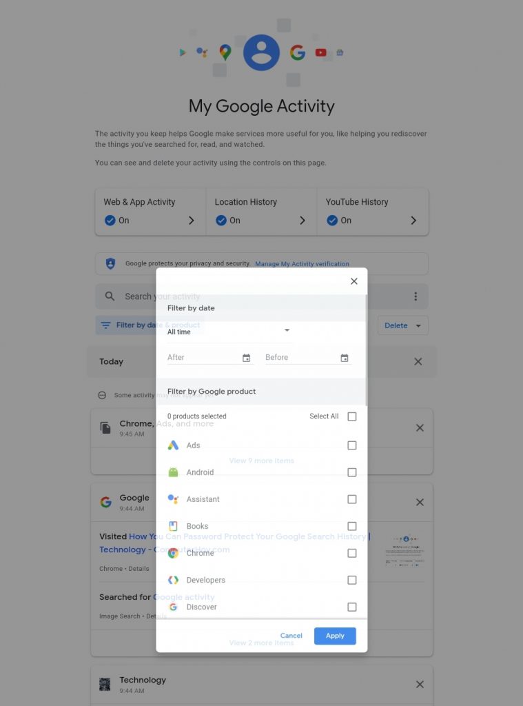 Google My Activity filter